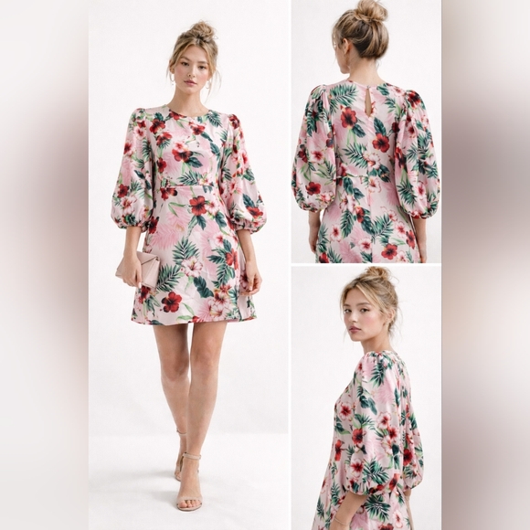 Les Rêveries Dresses & Skirts - Nwt LES RÊVERIES Floral Silk Mini Dress Blouson Puff Sleeves Hibiscus Palms